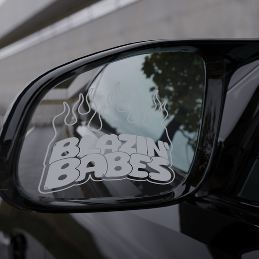blazin babes mirror — white variant, decal on exterior mirror glass, close-up