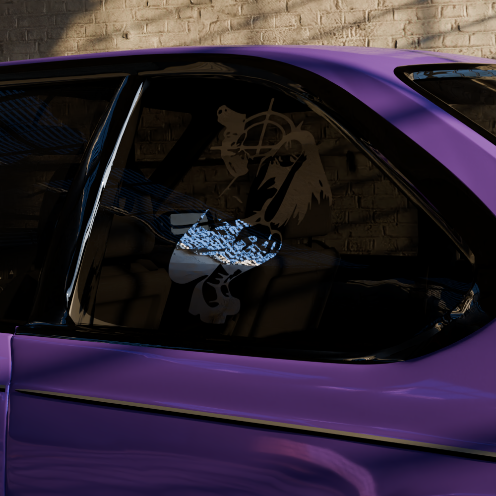 candentia decal — chrome variant, car decal on a side window, side view