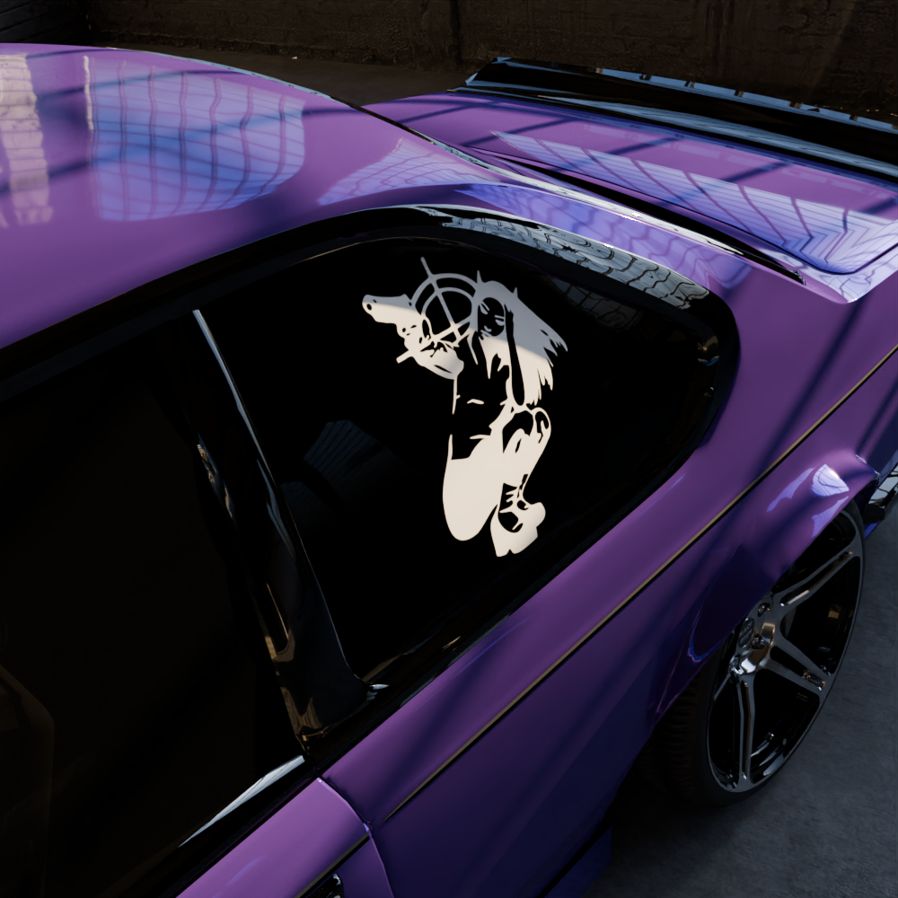 candentia decal — white variant, car decal on a side window, view from above