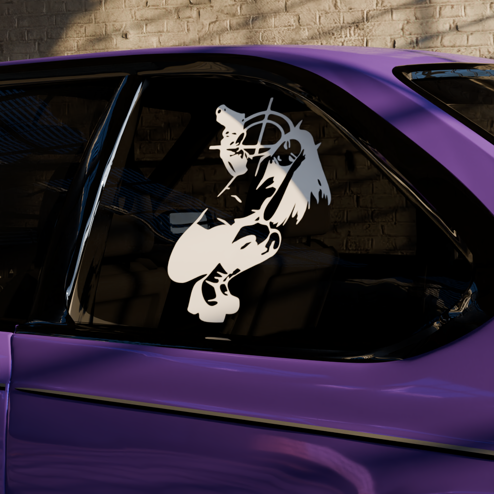 candentia decal — white variant, car decal on a side window, side view