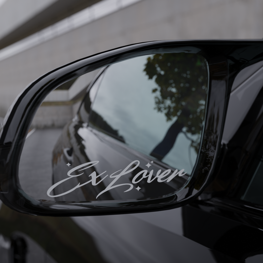 classic ex lover mirror — white variant, decal on exterior mirror glass, close-up