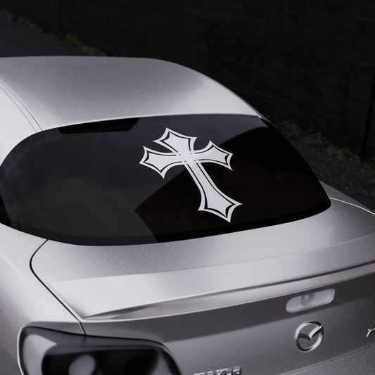 cross banner — car banner on the rear window, three-quarter view