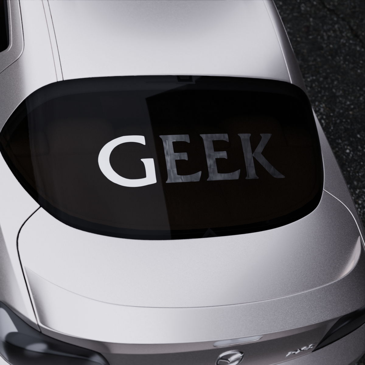 geek banner — car banner on the rear window, view from above
