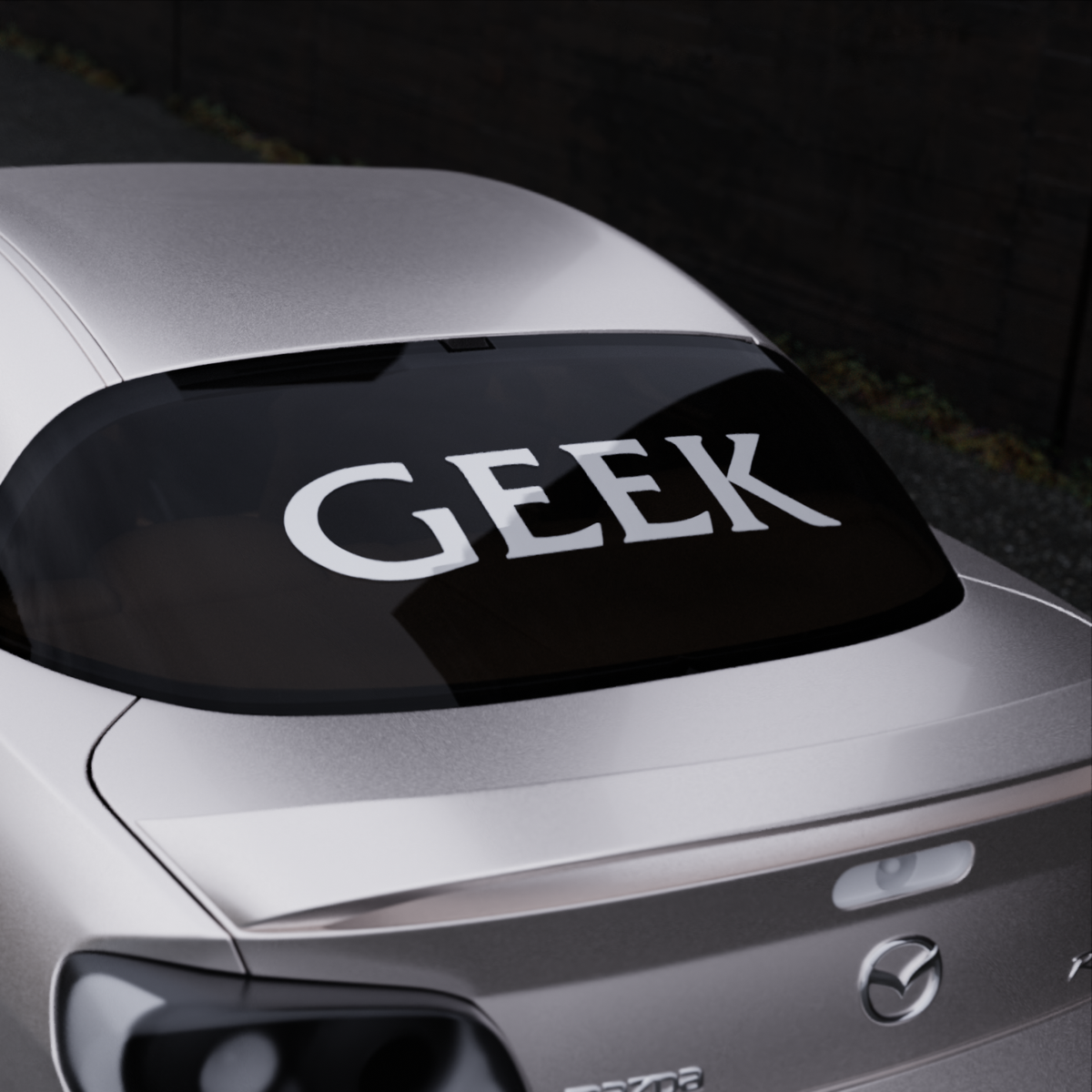 geek banner — car banner on the rear window, three-quarter view